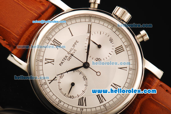Patek Philippe Complicated Chronograph Swiss Valjoux 7750 Manual Winding Movement Steel Case with White Dial and Leather Strap - Click Image to Close